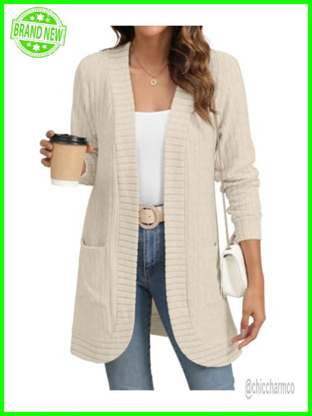 Women's Open Front Cardigan Sweater with Pockets Long Sleeve Ribbed Knit